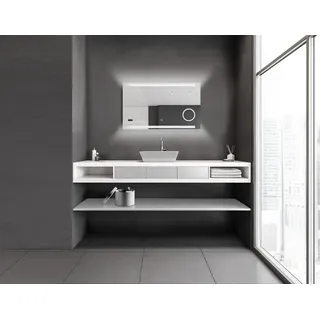 Badspiegel mit Beleuchtung Talos King 100 x 60 cm Wandspiegel - Beleuchteter Kosmetikspiegel - eingebaute Digitaluhr - hochwertiger Aluminiumrahmen mit Touchschalter - Lichtspiegel mit Lichtfarbe Neutralweiß - Badezimmerspiegel mit hinterleuchteten Lichtausschnitten