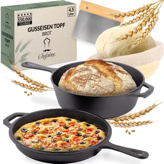 Chefarone Gusseisen Topf, 2in1 Inkl Gärkorb und Teigschaber, Brotbackform mit Deckel 3l, Bräter Backofengeeignet, Brot Backen zu Hause, Gusseisenpfanne Dutch Oven
