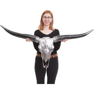 Deko Schädel 132cm HWC-A14, Polyresin Stier Bulle Longhorn Kopf Trophäe, In-/Outdoor silberfarben - Grau