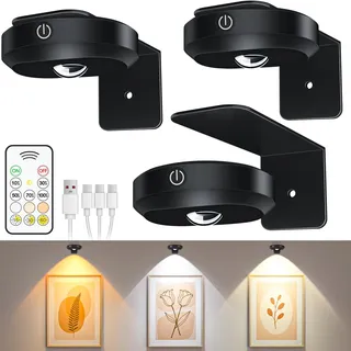WILLED Bilderleuchte akku, Kabellose Bildleuchte mit Fernbedienung, LED licht Spots, Wiederaufladbare mit 3 Farbtemperaturen, Dimmbar Bilderlampe, Vitrinenbeleuchtung LED mit Timing Funktion(3er Pack)