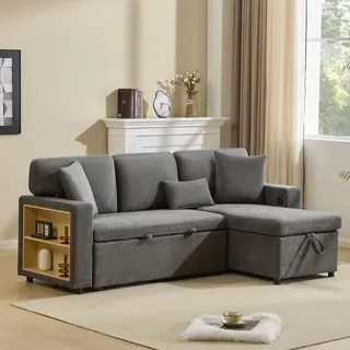 MODFU  Schlafsofa,L-Form Sofa, Ecksofa mit Bettfunktion, Klappsofa mit Bettkasten und integriertem Regal, dunkelgrau - Dunkelgrau