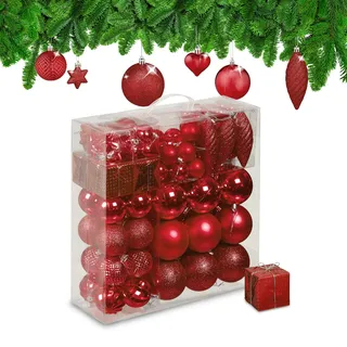 Relaxdays Weihnachtskugeln 110er Set, Kunststoff, Weihnachtsbaumdeko mit Kugeln - Lametta uvm., Christbaumschmuck, rot