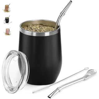TELANKS Mate Becher 340 ml, 18/8 Edelstahl Doppelwandige Mate Tasse | Komplettes Mate Set mit Becher, Bombilla und Bürste – ideal für Yerba Mate Liebhaber und als Geschenk, Schwarz