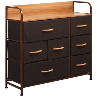 BAKAJI Kommode mit 7 Schubladen Wildleder Stoffschrank Sideboard Vintage Highboard Metall Mehrzweckschrank Schränke Organizer TV Schrank Klein, Küche Schlafzimmer Büro Wohnzimmer Braun + Stahl