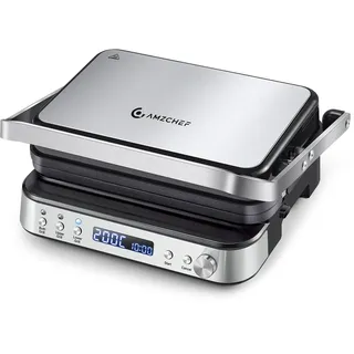AMZCHEF Multifunktionaler 4 in 1 Kontaktgrill, Griddle, Waffeleisen & SandwichMaker mit 4 antihaftbeschichteten abnehmbaren Platten, individuelle Zeit und Temperatur,LED-Anzeige,Gesundheitsgrill 2000W