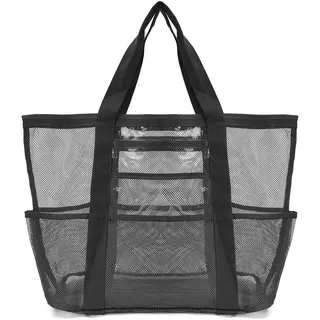 Wanheart Große Mesh-Strandtasche, faltbar, leicht, durchsichtig, mit Reißverschluss, für Strand, Pool, Camping, Reisen, Outdoor-Aktivitäten, Schwarz