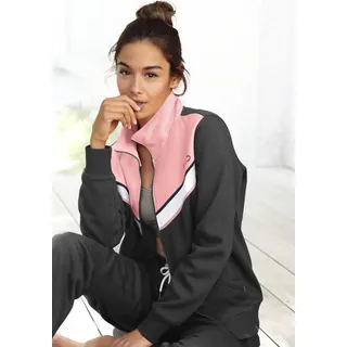 Sweatjacke H.I.S, Damen, Gr. 32/34, grau (anthrazit, rosa), angeraute Sweatware, Obermaterial: 100% Baumwolle, bedruckt, mehrfarbig, unifarben mit Farbeinsatz, klassisch hüftlang, Rippbündchen, Sweatjacken Sweatjacke, im Colorblock Design mit bedrucktem Logo, Loungewear, Topseller