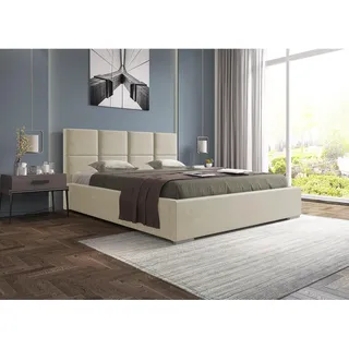 Gepolsterte Bett mit Velours-Bezug Axel Polsterbett mit Holzgestell mit 40 Leisten inklusive Bettkasten und Federmechanismus, Farbe: Beige, Große: 140 x 200 cm - Beige