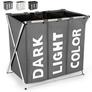 Virklyee Wäschesortierer 3 Fächern Oxford Wäschekorb Sortierer 100L Wäschesammler 600D Oxford-Stoff Faltbar Abnehmbar mit Griff Kleidung Organisieren Wäschekammer Balkon Schlafzimmer(Grau)