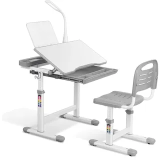 Kinderschreibtisch-Set mit höhenverstellbarem Schülerstuhl – Mit ausziehbarer Schublade, geeignet für Kinder von 3–10 Jahren – Hellgrau – 66,5 x 50 x