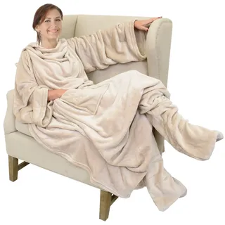 Catalonia Classy Decke mit Ärmeln und Fußtasche Geschenk für Frauen Herren, Flauschig Fleece Tragbare Kuscheldecke mit Ärmeln, Warm Decke zum Anziehen Ärmeldecke Erwachsene, 190 x 135 cm Creme