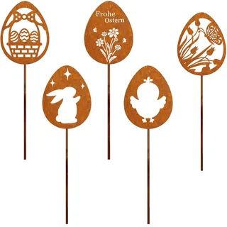 Osterdeko für draußen Gartenstecker,Ostern Deko Frühling Garten Outdoor,Gartendeko Groß Rost Ostereier 5er Set,Blumenstecker Eier Osterschmuck wetterfest aus Metall für Terrasse Balkon Blumentopf
