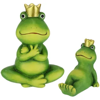 Flair Flower Deko Garten Figur Froschkönig 2er Set 9+18 cm Frosch Terrakotta Grün mit Gold-Krone Dekofigur Märchenfrosch Gartendeko Tierfigur für Frühling Sommer Herbst Garten Deko Statue Gartenfigur, Mit Krone