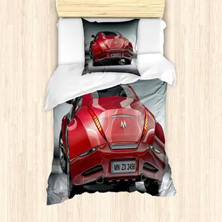 ABAKUHAUS Autos Mantele, Sport-Auto-Leistungsfähiger Motor, Milbensicher Allergiker geeignet mit Kissenbezügen, 135 cm x 200 cm - 80 x 80 cm, Rot, Schwarz, Grau - Rot