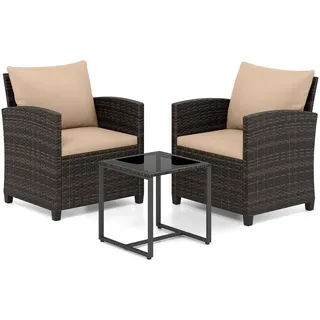 FANTASK Rattan Gartenmöbel 3er Set, Balkonmöbel inkl. 2 Rattanstühle & Gartentisch aus PE-Rattan, Gartenlounge Set mit abnehmbaren Kissen, Outdoor Sitzgruppe für Garten Pool (Braun-Khaki)