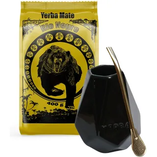 Yerba Mate-Tee Set mit Yerba Mate Rio Negro 400g ● Argentinien Yerba Mate Tee ● Keramik mate kalebasse tee tasse Cristal Schwarz 350ml ● Edelstahl Trinkhalm Bombilla 19cm