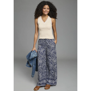 Schlupfhose LAURA SCOTT, Damen, Gr. 36, N-Gr, blau (navy gemustert), Web, Obermaterial: 100% Polyester, bedruckt, bequem lang, Hosen Schlupfhose, weite Beinform, mit Gummizug am Bund, normale Leibhöhe, Topseller