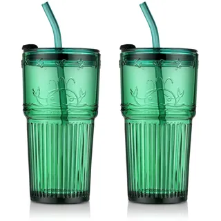 Joeyan 2er Set 550ml Grün Trinkbecher mit Deckel und Strohhalm Glas, Smoothie Shake Becher, Kaffeebecher für Saft, Wasser, Tee, Spülmaschinenfest Trinkgläser, Luftdicht Auslaufsicheres Reisebecher