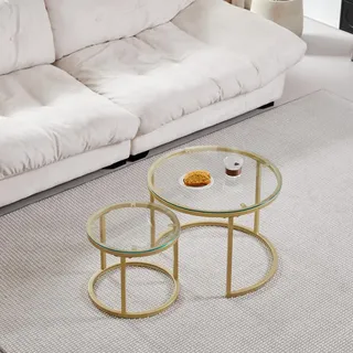 GrandCA HOME Couchtisch 2er Set,Stapelbarer Couchtisch, Couchtische Rund, Gehärtete Glasplatte, Vergoldete Metallbeine,Geeignet für Wohnzimmer, Esszimmer, Café(Ø60 x 45H cm,Ø40x35H cm)