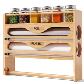 NBUABX Folienspender mit Cutter & Küchenrollenhalter & Gewürzregal, Alufolienspender und Frischhalte, Frischhaltefolienspender Küche, Folienschneider Frischhaltefolie Bambus Kompatibel 12" (Holz)