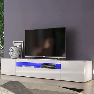Dmora - TV-Schrank Jesse, niedriges Wohnzimmer-Sideboard mit 3 Türen, Fernsehständer-Basis, 100 % Made in Italy, 200 x 40 x 37 cm, glänzend weiß, mit LED-Licht