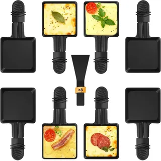 Zalava 8er Set Raclette Pfännchen antihaftbeschichtet, Mini Grill Pfännchen Ersatz mit 8 Schaber und schwarzem wärmeisoliertem Griff, Grillen von Käse, Eiern