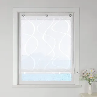 ESLIR Raffrollo ohne Bohren Raffgardine Ausbrenner Ösenrollo Wohnzimmer Gardinen Küche mit Ösen Transparent Modern mit Wellen Muster Weiß BxH 80x140cm 1 Stück