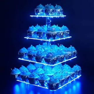 Ulifeme 4 Etagen Cupcake Ständer, Blau LED Lichterkette de Tortenständer Acryl für Hochzeit, Party, Geburtstag, Baby Duschen & Kuchen Dessert, Torten Etagere 4-stöckig, Quadrat Cupcake Stand