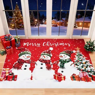 Alishomtll Weihnachten Teppich Läufer 90x150cm, Schneemann Rot Weihnachtsteppich, rutschfest Waschbar Weicher Küchenteppich, Kurzflor Teppich für Haustiere, Weihnachten Deko für Küche Wohnzimmer