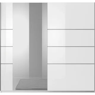 Kleiderschrank mit Spiegel BIRMINGHAM-83 in weiß mit Front in weiß Hochglanz, B/H/T: ca. 200/210/61 cm - Weiß