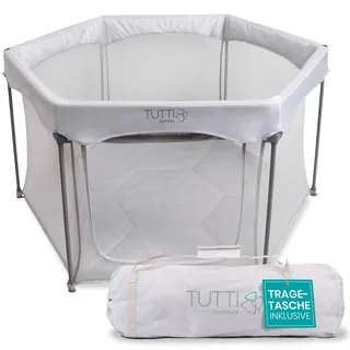 Tutti Bambini Laufstall Baby Faltbar - Baby Playpen mit 360°-Netzwänden, Schnellklappmechanismus, Reißverschlusstür, Bodenmatte & Tragetasche, 135 x 135 x 75 cm (Silber)