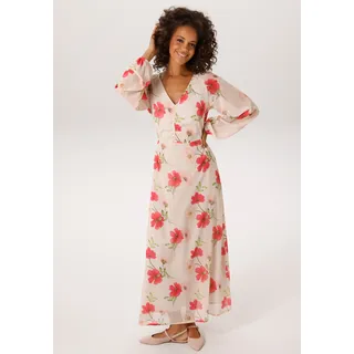 Maxikleid ANISTON CASUAL, Damen, Gr. 48, N-Gr, bunt (creme, hummer, rose, apricot, grün, gelb, braun), Crêpe, Obermaterial: 100% Polyester. Futter: 100% Polyester, bedruckt, geblümt, figurumspielend knöchelfrei, V-Ausschnitt, elastischer Bund mit Gummizug, Kleider Maxikleid, mit farbharmonischen Blumen bedruckt