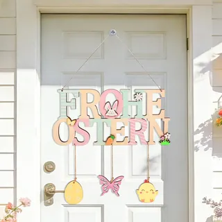 2 Stück Türschild Frohe Ostern, Türschild Willkommen Ostern Deko, Osterdeko zum Aufhängen, Holz Dekoschild mit Osterhase und Eiern, Blume, Huhn, Deko zum Aufhängen an Haustür, Wand, Fenster