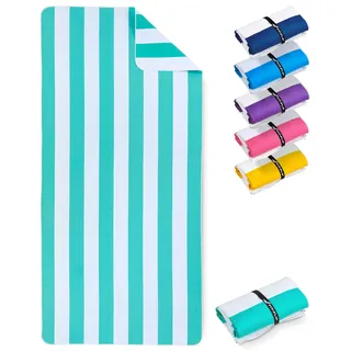 Fit-Flip Strandtuch XXL aus Mikrofaser - leicht und schnelltrocknend - 100% recyceltes Strandhandtuch - kompaktes Handtuch zum Baden - Badetuch (Türkis-Weiß gestreift 160x90cm)