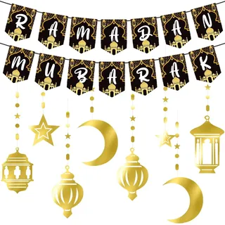 Ramadan Mubarak Eid Dekorationen Schwarz und Gold Ramadan Mubarak Banner Mond Sterne Girlande für Eid Festival Feierbedarf Ramadan Kareem Dekor