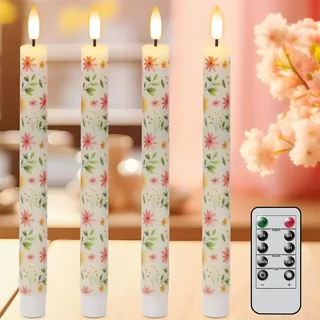 Eldnacele Floral Flammenlose Stabkerzen mit Timerfunktion & Fernbedienung, 4er Set LED Stabkerzen Batteriebetrieben, 3D Docht, Flackernd, Perfekt für Feste & Tischdeko