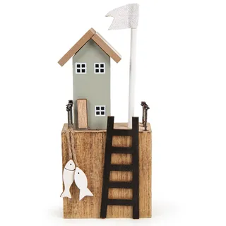 Logbuch-Verlag maritimes Holzhaus Strandhaus Figur Hafen Bootshaus Deko mintgrün Natur Sommer Dekoration 16,5 cm