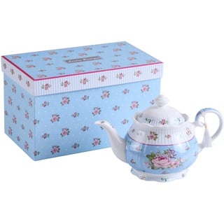 London Boutique Porzellan-Teekanne, Shabby-Chic-Stil, Vintage-Blumenmuster, in Geschenkbox (Teekanne Rose Blue)