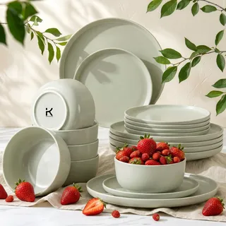 Konsimo Essservice Tafelservice VICTO Geschirrset Speiseteller Dessertteller Schale 6 Personen (18-tlg.), matt beige/grün/grau, Keramik - Beige, Grün, Grau