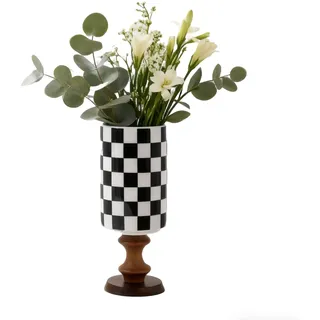Karierte Keramikvase, schwarz-weiße Keramikvase mit Holzsockel, karierte Vintage-Dekoration, flippige Blumenvase, Heimdekoration, Küche, Tisch, minimalistisch, dekorativ, Schwarz