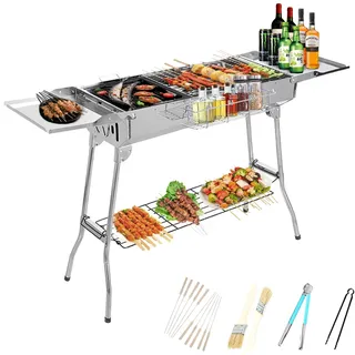 Holzkohlegrill Edelstahl XXL Kohlegrill Klappgrill Camping Grill Faltbar BBQ Charcoal Grill Picknickgrill Zweilagig mit Komplettes Zubehör für Camping Garden Backyard Picknick