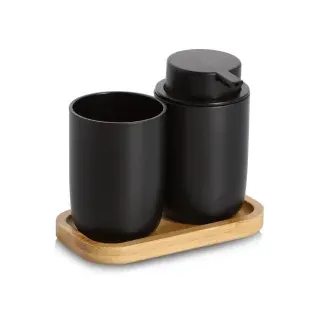 Zeller Bad-Accessoires-Set, 3-tlg., Schlichtes Set aus Seifenspender, Becher und Tablett für moderne Bäder, 1 Set, Farbe: schwarz
