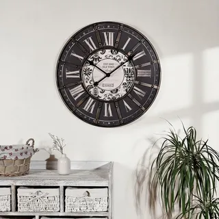 XXL Wohnzimmer Uhr Wanduhr Shabby Chic schwarz ⌀60cm Metall Batterie Vintage - Schwarz