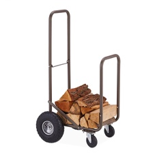Relaxdays Kaminholzwagen mit Luftreifen, 360° Rollen, Holzwagen bis 60 kg, für 33 cm Scheite, Brennholz-Sackkarre, braun, Stahl, Gummi