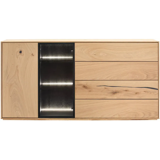 Waldwelt Sideboard , Schwarz, Eichefarben , Holz, Glas , Wildeiche , furniert,massiv , 4 Fächer , 4 Schublade(n) Schubladen , 176x88x40 cm , stehend , Holzmöbel, Wohnwände Holz, Wohnwand Serien Holz