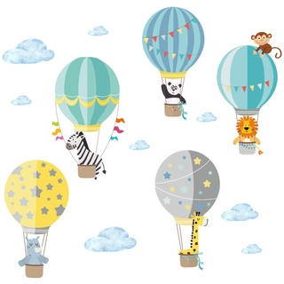 Little Deco Aufkleber Zoo-Tiere im Heißluftballon I S - 65 x 42 cm (BxH) I Wandbilder Wandtattoo Kinderzimmer Jungen Tiere Deko Jungs Babyzimmer Junge Sticker DL202