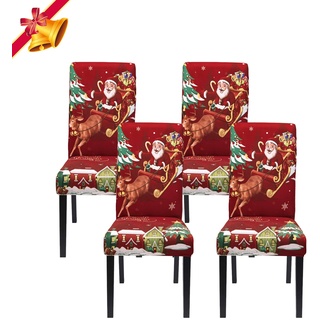 Jaotto Stuhlhussen Weihnachten 4er Set Universal,Stuhlhusse Stretch Moderne,Stuhlhussen Schwingstühle Elastische Langlebig Stuhlhussen für Feiertagsdekoration Weihnachten(Rotwein/Xmas,4 Stück)