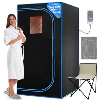 SereneLife Dampfsauna Zelt Schwarz 80 x 80 x 180 cm – Tragbare Heimsauna mit Stuhl und Heizmatte Faltbare Mini Sauna - Mobile Dampfbad Kabine bis 60 °C, Carbon-Heizelement und Fernbedienung