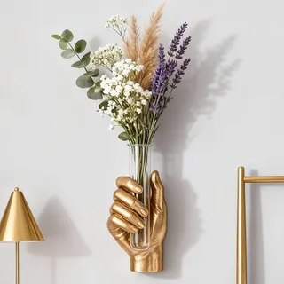 Goldfarbene Wandvase, Vintage-Kunst-Dekor, lebensgroße Handskulptur mit Glas-Reagenzglas-Vase, einzigartige Wandkunst-Statue für drinnen und draußen, maximalistische Boho-Dekoration, für Frauen (Gold)