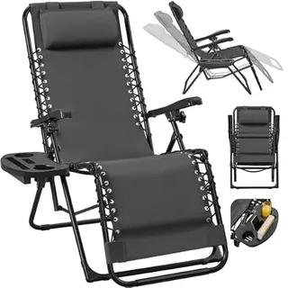 Yaheetech Sonnenliege Liegestuhl Klappbar Gartenliege mit Kopfkissen & Becherhalter Tragbare Relaxliege für Strand/Garten/Balkon, Dunkelgrau